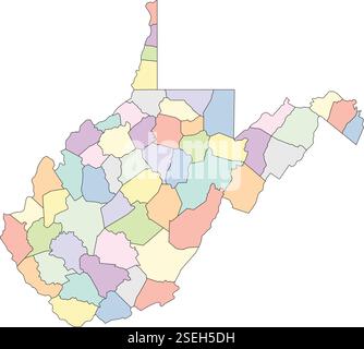 Editierbare Vektordatei der Countys, aus denen sich West Virginia zusammensetzt, in den Vereinigten Staaten. Stock Vektor