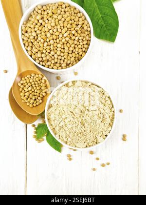 Sojamehl und Sojabohnen in zwei Schalen, Löffel und grüne Blätter gegen ein weißes Holzbrett von oben Stockfoto