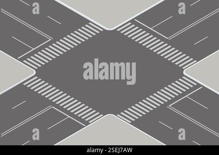 Isometrische Vektordarstellung einer leeren urbanen Kreuzung mit Fußgängerübergängen und Straßenmarkierungen. Das saubere Layout ist ideal für den Verkehr Stock Vektor