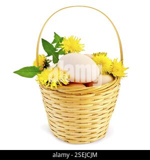 Eier in einem Korb mit Blumen und Löwenzahnblättern vor weißem Hintergrund Stockfoto