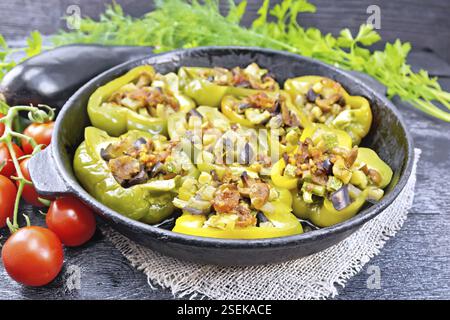 Pfeffer süß gefüllt mit Pilzen, Tomaten, Zucchini, Auberginen, Zwiebeln, gewürzt mit Wein, Knoblauch, Thymian und Gewürzen in einer Pfanne auf einer Serviette von Bur Stockfoto