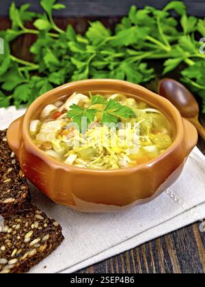 Minestrone mit Fleisch, Sellerie, Tomaten, Zucchini, Kohl, Erbsen, Karotten und Pasta in einem irdenen Schüssel auf eine Serviette, Käse und Brot Stockfoto