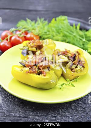 Paprika gefüllt mit Pilzen, Tomaten, Zucchini, Auberginen und Zwiebeln, gewürzt mit Wein, Knoblauch, Thymian und Gewürze auf einem grünen Teller, Gabel, Par Stockfoto