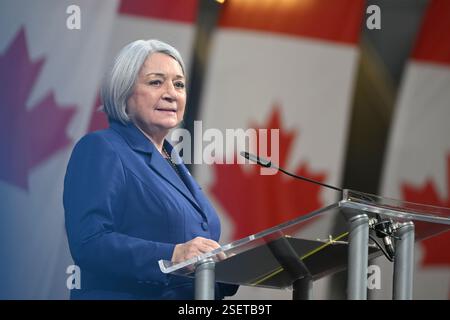 Vancouver, Kanada. Februar 2025. 20250208; Vancouver, British Columbia, Kanada; Generalgouverneur von Kanada Mary Simon spricht während der Eröffnungszeremonien der Invictus Games Vancouver – Whistler im BC Place Stadium. (Foto: Anne-Marie Sorvin/SIPA USA) Credit: SIPA USA/Alamy Live News Stockfoto