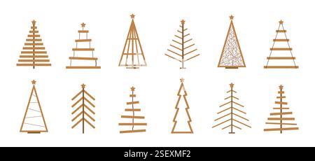 Rustikale Weihnachtsbaumkollektion aus Holz. Weihnachtsbaum aus Holzregalen. Umweltfreundliche Urlaubsdekorationen. Kunststofffreies Konzept. Vektor Stock Vektor