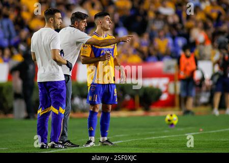 Monterrey, Mexiko. Februar 2025. LIGA BBVA MX 6. Runde Spiel zwischen UANL Tigres und Atlas bei EstÃ¡dio UniversitÃ¡rio. Tigres Veljko Paunovic gibt Anweisungen an den 11. Mittelfeldspieler Tigres, Juan Francisco Brunetta. Obligatorischer Credit: Toby Tande/PXImages (Credit Image: © Toby Tande/PX Imagens via ZUMA Press Wire) NUR REDAKTIONELLE VERWENDUNG! Nicht für kommerzielle ZWECKE! Stockfoto