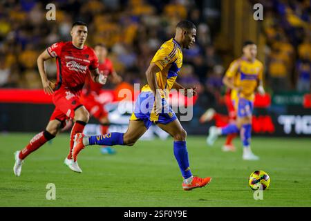 Monterrey, Mexiko. Februar 2025. LIGA BBVA MX 6. Runde Spiel zwischen UANL Tigres und Atlas bei EstÃ¡dio UniversitÃ¡rio. #2 Defender Tigres, Joaquim läuft mit dem Ball vorwärts. Obligatorischer Credit: Toby Tande/PXImages (Credit Image: © Toby Tande/PX Imagens via ZUMA Press Wire) NUR REDAKTIONELLE VERWENDUNG! Nicht für kommerzielle ZWECKE! Stockfoto