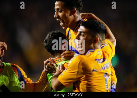 Monterrey, Mexiko. Februar 2025. LIGA BBVA MX 6. Runde Spiel zwischen UANL Tigres und Atlas bei EstÃ¡dio UniversitÃ¡rio. #77 Angreifer Tigres, Ozziel Herrera feiert das zweite Tor seiner Mannschaft. Obligatorischer Credit: Toby Tande/PXImages (Credit Image: © Toby Tande/PX Imagens via ZUMA Press Wire) NUR REDAKTIONELLE VERWENDUNG! Nicht für kommerzielle ZWECKE! Stockfoto
