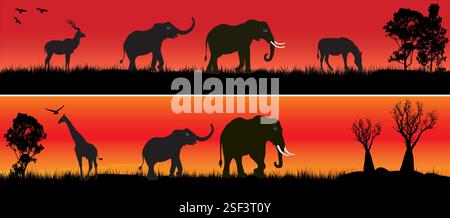 Zwei Banner verschiedener afrikanischer Landschaftsszene. Elefanten, Zebras, Giraffen. Stock Vektor