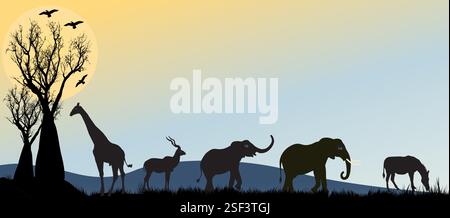 Familie afrikanischer Elefanten, Zebras und Giraffen bei Sonnenuntergang. Stock Vektor