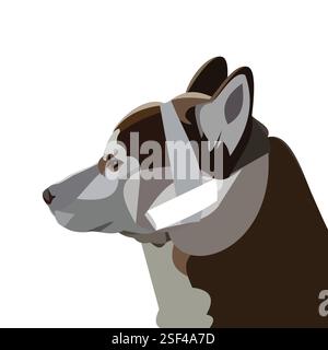 Ein trauriges und niedliches Gesicht eines verletzten sibirischen Huskys, der mit Verbänden und Gips behandelt wird, Hund wird behandelt, wenn es krank ist, Vektor-Grafik-Illustration Stock Vektor