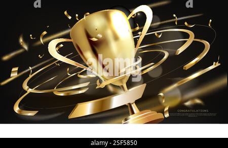 3D Goldtrophäe auf schwarzem Hintergrund mit Bandelementen mit Konfetti und Bokeh. Hintergrund der luxuriösen Preisverleihung. Vektorabbildung. Stock Vektor