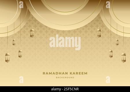 Elegantes islamisches Ornament und Hintergrund mit Laterne, arabischer Kuppel und Muster in luxuriöser Goldfarbe. Ramadan kareem, eid mubarak und Festivalkonzept. Stock Vektor