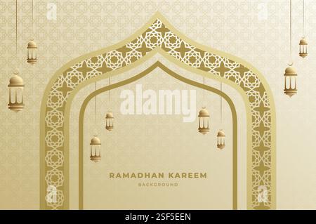 Elegantes islamisches Ornament und Hintergrund mit Laterne, arabischer Kuppel und Muster in luxuriöser Goldfarbe. Ramadan kareem, eid mubarak und Festivalkonzept. Stock Vektor