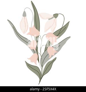 Handgezeichnete botanische Blumenkomposition mit zarten Pastellblüten und grünen Blättern. Minimalistischer, moderner Stil mit sanften Farben. Perfekt für Branding Stock Vektor