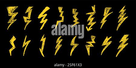 Set von Blitz durch Wachsstift Zeichnung. Sammlung von handgezeichneter Kreide, Lichthupen, Doodle Donner Bolts, goldenen Designelementen Stock Vektor