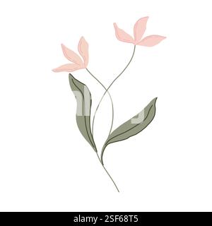 Hand gezeichnete flache botanische Vektor-Illustration mit rosa Blumen und grünen Blättern. Minimalistische Blumenkunst in Pastelltönen. Für Ausdrucke, Branding Stock Vektor