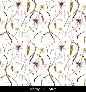 Zweig mit Katzetten, Frühlingsblumen Kitzforelle Lilie, weiße Waldanemone Primel, Aquarell handgezeichnet. Botanische Illustration mit nahtlosem Muster Stockfoto