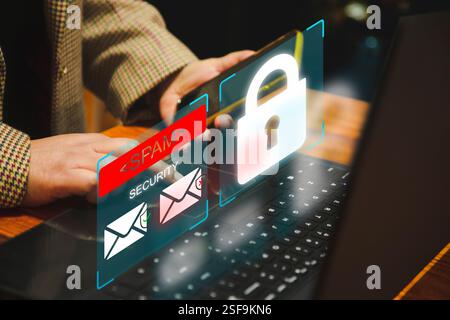 E-Mail-Inbox-Warnung und Spam-Virus mit Warnung, E-Mail-Sicherheitswarnung, neue E-Mail-Benachrichtigung und Internet-Kommunikationskonzept, E-Mail-Technologie Stockfoto