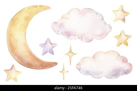 Aquarellset mit Aquarellillustrationen mit niedlichen Wolken, Mond und Sternen in pastellfarbenen Regenbogenfarben. Zeichnungshimmel perfekt, um einen Traum zu vermitteln Stockfoto