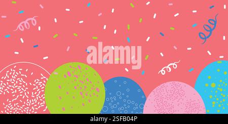 Buntes abstraktes Konfetti mit fetten Ballons auf rosafarbenem Hintergrund Stock Vektor