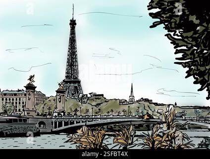 Seine und Eiffelturm in Paris, Frankreich. Schwarz-weiß handgezeichnete Abbildung. Stockfoto