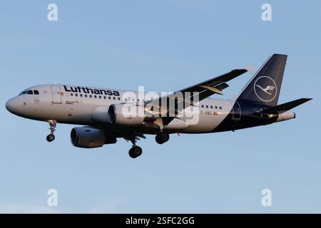 Der Airbus A319-112 A319 der Fluglinie Lufthansa LH / DLH mit der Registrierung D-AIBC MSN: 4332 landet am Flughafen Hamburg Airport EDDH/HAM. Hamburg Hamburg Deutschland *** der Airbus A319 112 A319 der Fluggesellschaft Lufthansa LH DLH mit der Registrierung D AIBC MSN 4332 landet am Flughafen Hamburg EDDH HAM Hamburg Deutschland Stockfoto
