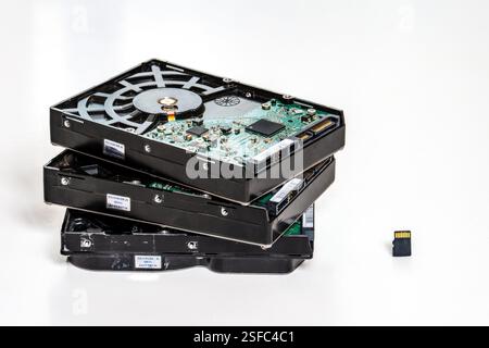 Die Entwicklung von Speichergeräten. Mehrere verschiedene Speichermedien aus den letzten 30 Jahren, gesammelt in einem Bild. Von alt bis modern. Stockfoto