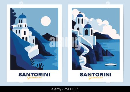 Griechische Santorini-Banner. Mediterrane griechische abstrakte Hintergründe mit traditioneller griechischer Architektur mit weißen Gebäuden mit blauen Kuppeln, Reisen Stock Vektor