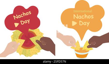 Weibliche und männliche Hände tauchen Nacho in Käsesauce oder Salsa Sauce Soße Boot. Nacho Day Design-Ideenset. Isolierte Vektorillustration Thematische Karten oder Grußkarten, Poster, soziale Medien oder Web-Werbebanner Stock Vektor