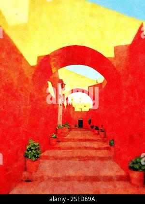 Aquarell einer engen Straße mit Stufen in einem kleinen Dorf in Südamerika. Stockfoto