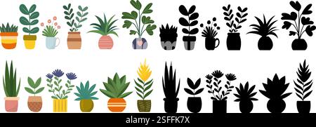 Set von Topfpflanzen im Doodle-Stil, Silhouette isolierter Vektor Stock Vektor