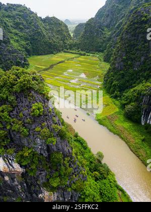 Ein Blick aus der Vogelperspektive auf Boote, die auf einem friedlichen Fluss in Ninh Binh, Vietnam, navigieren, umgeben von hohen Kalksteinklippen und üppigen grünen Reisfeldern Stockfoto