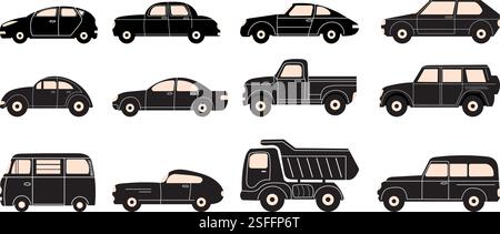 Set von Silhouettenautos auf weißem Hintergrund in flachem Stil, isolierter Vektor Stock Vektor