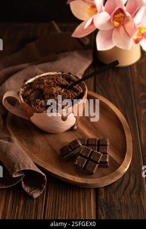 Schokoladentasse auf dunklem Holztisch. Einfaches hausgemachtes Dessert. Mugcake aus der Mikrowelle Stockfoto