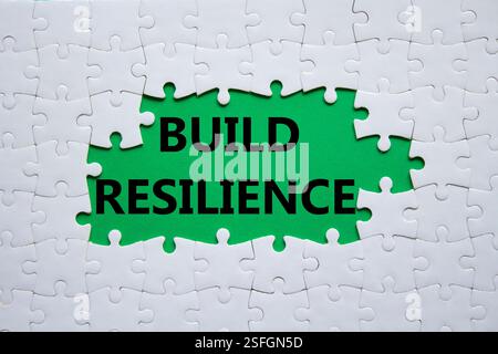 Symbol für Belastbarkeit erstellen. Weißes Puzzle mit Wörtern schafft Widerstandsfähigkeit. Schöner grüner Hintergrund. Business- und Build Resilience-Konzept. Kopierbereich. Stockfoto