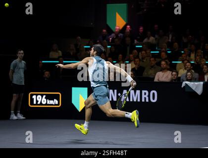 ROTTERDAM - Carlos Alcaraz (ESP) im Kampf gegen Alex de Minaur (aus) im Finale am siebten Tag des ABN AMRO Open Tennisturniers in Ahoy. ANP SANDER KING Stockfoto