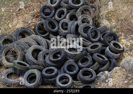 Eine große Anzahl alter Reifen sammelt sich zufällig an einem verlassenen Ort an, der von karger Vegetation überschattet wird, was auf Umweltvernachlässigung hinweist Stockfoto