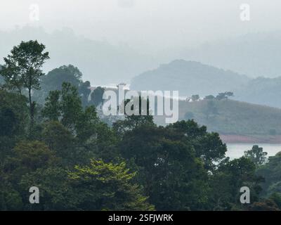 Blick auf den Banasura Sagar Lake von unserem Balkon im Silver Green Resort im Wayanad District - Kerala, Indien Stockfoto