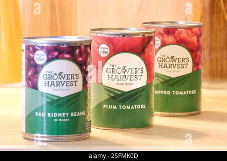 Dosen der Grower's Harvest Budget-Reihe von Lebensmitteln von Tesco. Stockfoto