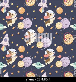 Nahtloses Raummuster, niedliches Raummuster. Ein Planet und eine Rakete und ein Hund Stock Vektor
