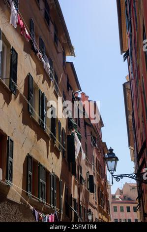 Wäscheleinen und Fenster mit Fensterläden in dieser Straßenszene in Santa Margherita Ligure, Italien Stockfoto