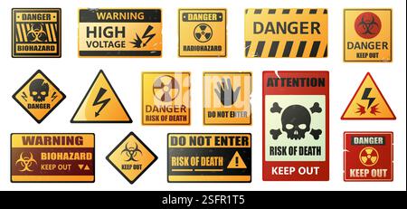 Gefahrenbanner. Warnschilder für Gefahrenbereiche, Aufkleber für Gefahrenhinweise und Sicherheitshinweise, Warnschilder für Straßenverkehrssicherheit. Vektorgefahr isolieren Stock Vektor