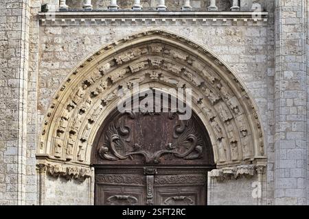 Nahaufnahme des kunstvollen Steinbogens und der Holztür in Blois, Frankreich. Stockfoto