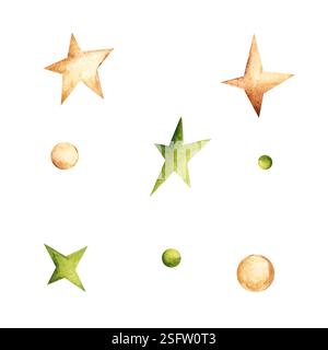 Goldene und grüne Sterne und Kreise oder Kugeln Set, buntes Konfetti. Abstrakte Aquarelle himmlische Designelemente isoliert auf weißem Hintergrund Stockfoto