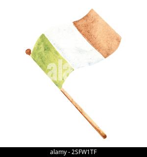 Aquarellabbildung mit irischer Flagge. Handgezeichnetes St. Patricks-Tageselement isoliert auf weißem Hintergrund. Stockfoto