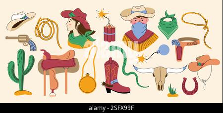 Doodle Cowboy Set. Cartoon Wild West Aufkleber, süße Western Elements Kaktus Sattel Hufeisen Lasso Bandana Cowgirl Hut Stiefel. Vector Cowboy-Kollektion. Stock Vektor