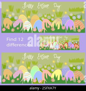 Ostereier auf dem Grasrebus für Kinder unter 8 Jahren finden 12 Unterschiede Stock Vektor