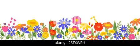 Hintergrund der Frühlingsblume. Horizontales Blumenbanner mit blühenden Zweigen, blütenförmiger botanischer Gartenrand mit bunten Blütenblättern. Vektor-Cartoon Stock Vektor