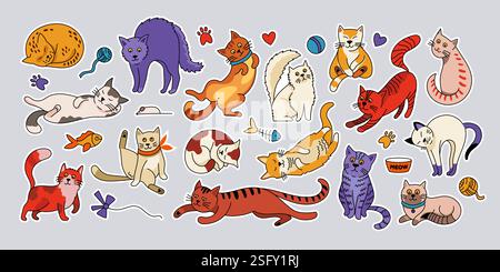 Kritzele Katzenaufkleber. Niedliche Zeichentrickkätzchen mit lustigen Emotionen, fröhliche Comic-Haustiere mit verschiedenen Gesichtern und Katzenpositionen. Vektor buntes Kätzchen Set. Stock Vektor